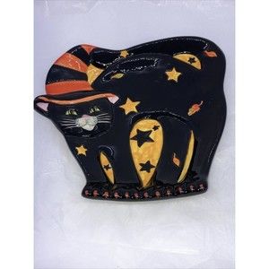 Certified Internatnl Susan Winget Halloween Black Witch Cat With Hat Candy Dish